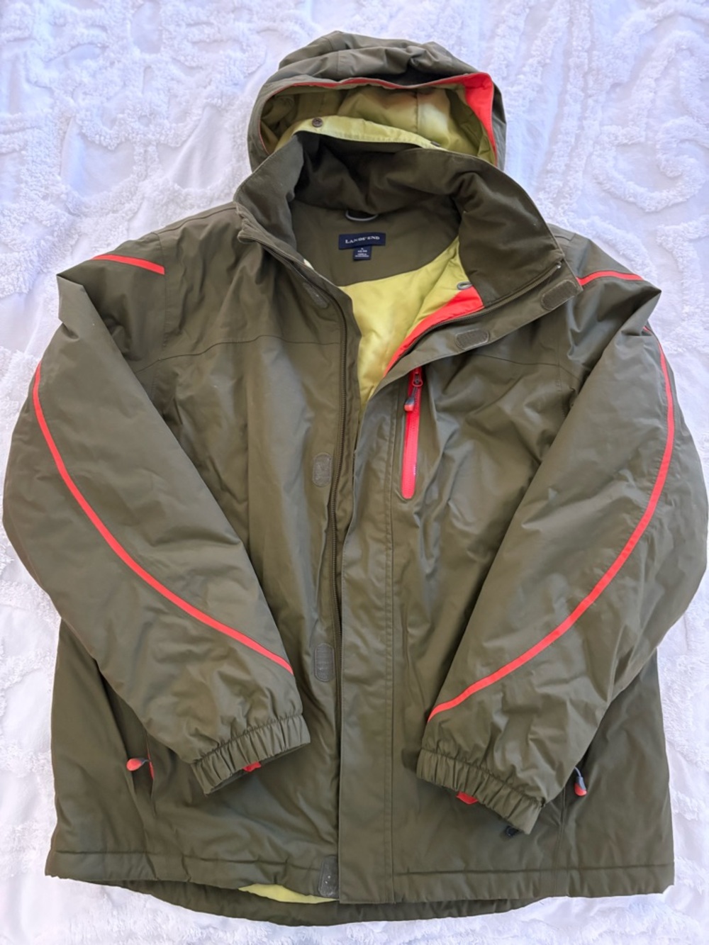 Lands' End Olive Green Ski Jacket with Coral Accents